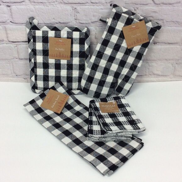 Buffalo Check 5 Pc. Kitchen Set Black/White Towel/Mitt/Pot Holder/2 Dish Cloths - Picture 1 of 10